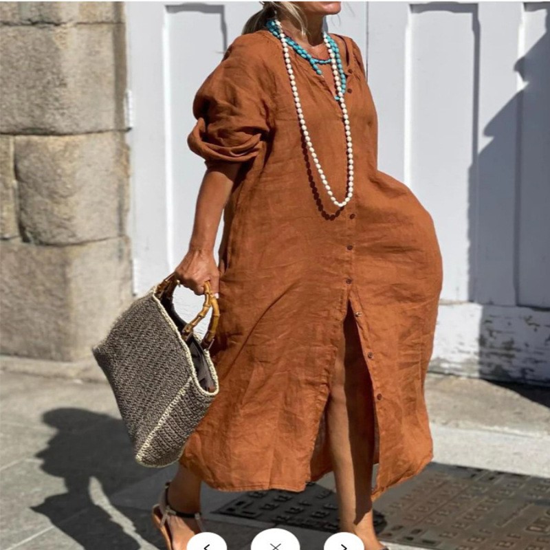 Fashion Elegant Spring Cotton  - Casual Loose Linen Shirt Dress review and price
