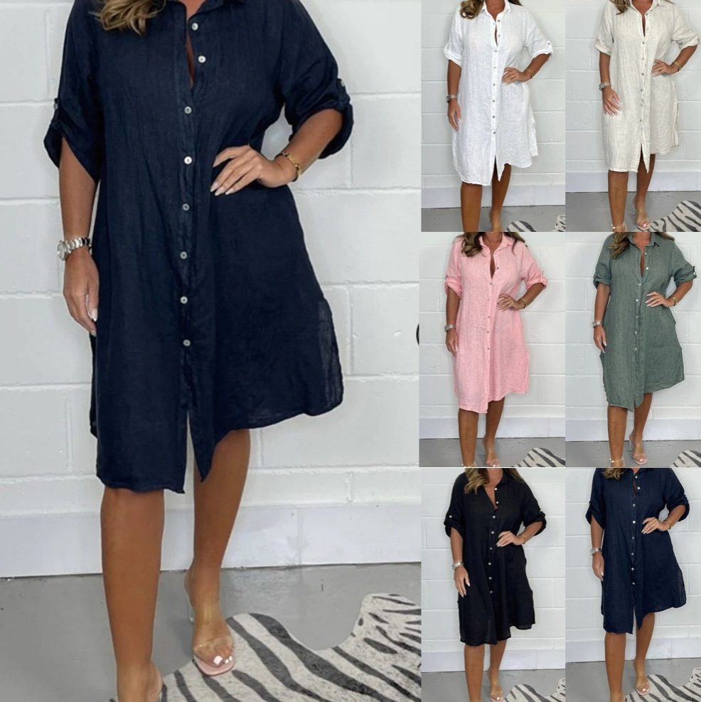 Spring Summer Linen 3/4 Sleeve - Casual Loose Linen Shirt Dress review and price