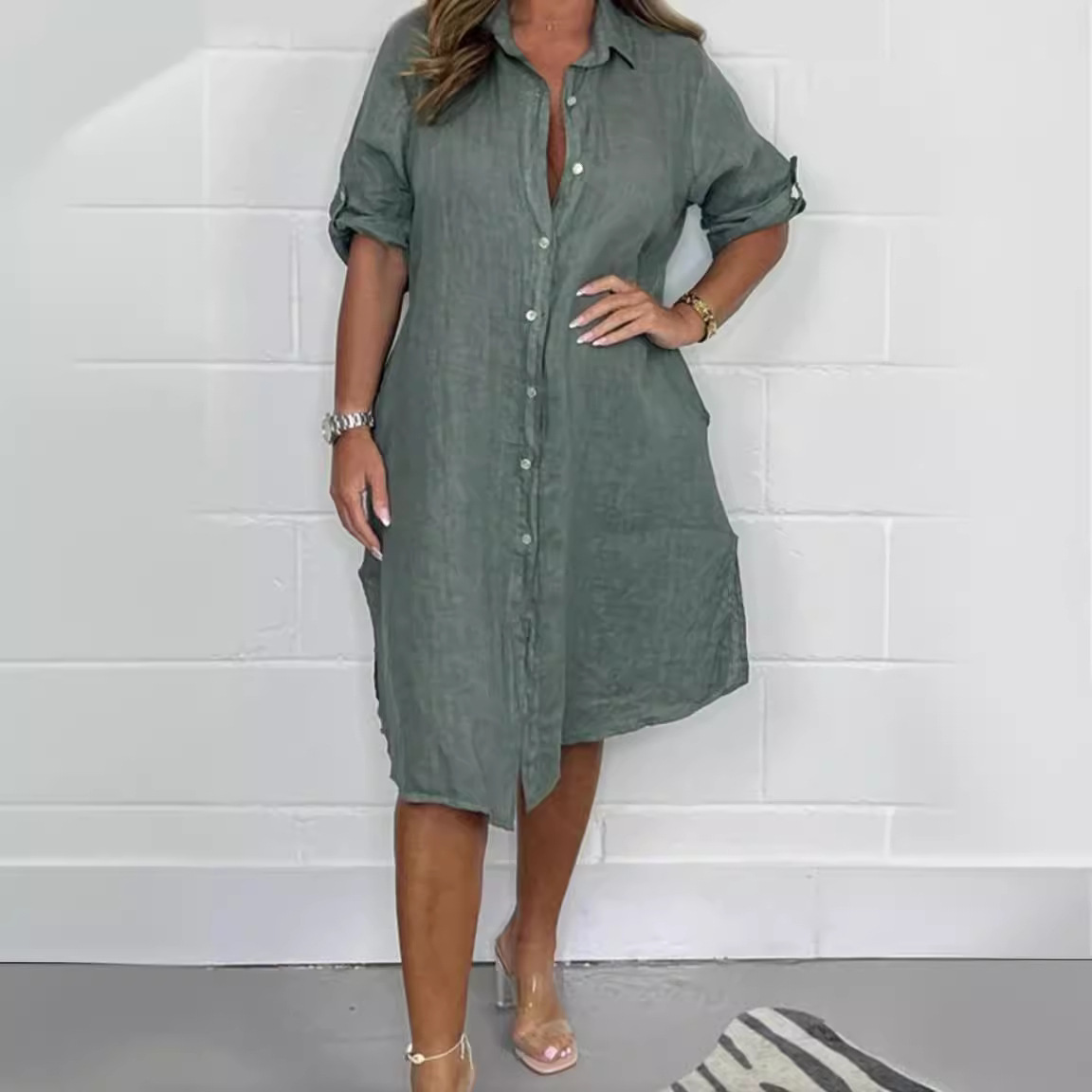 Spring Summer Linen 3/4 Sleeve - Casual Loose Linen Shirt Dress review and price