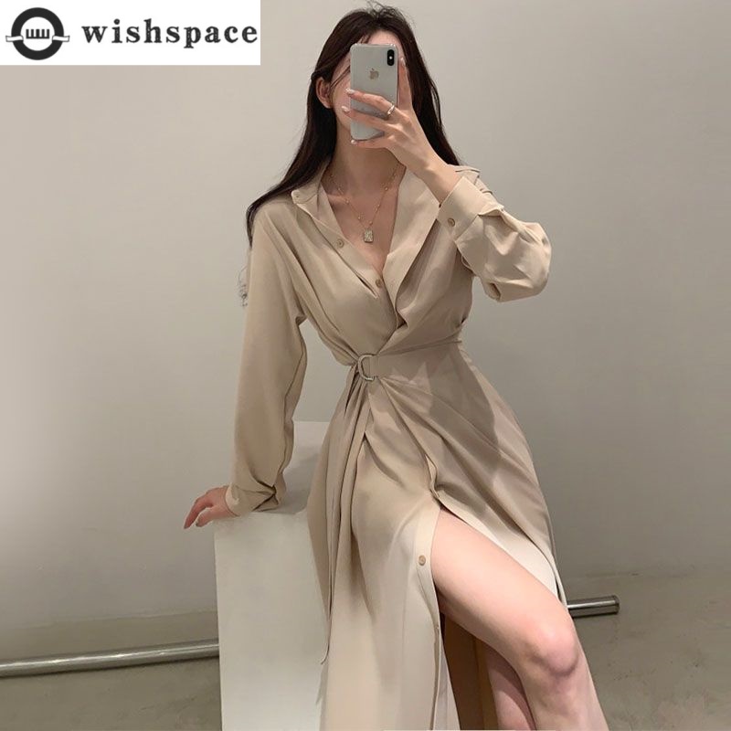 Long Sleeved Lapel Shirt Style - Korean Style A Line Shirt Dress review and price