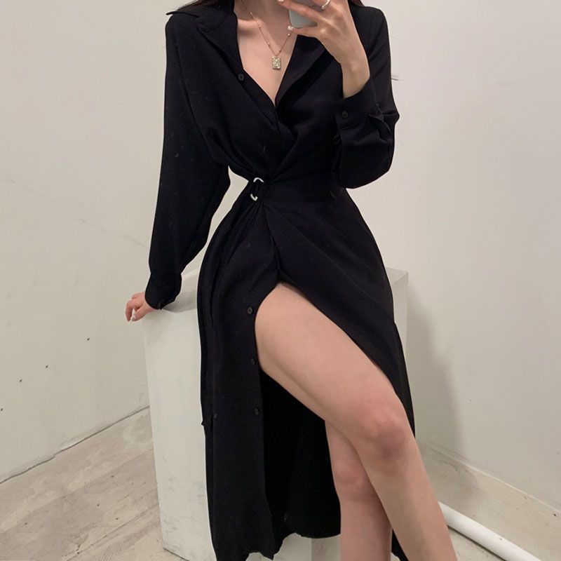 Long Sleeved Lapel Shirt Style - Korean Style A Line Shirt Dress review and price