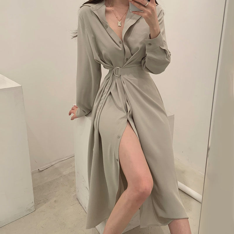 Long Sleeved Lapel Shirt Style - Korean Style A Line Shirt Dress review and price