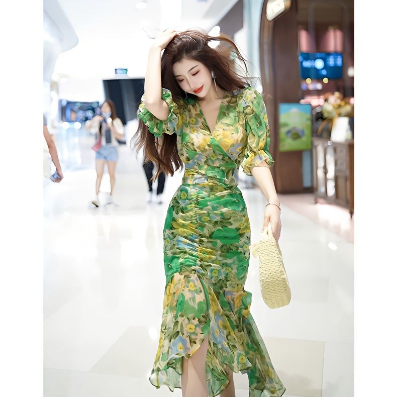 New Summer Fashion Style Waist - French Vintage Floral Midi Dress review and price
