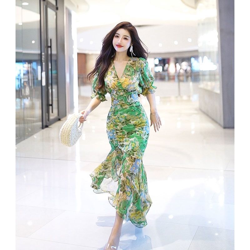 New Summer Fashion Style Waist - French Vintage Floral Midi Dress review and price